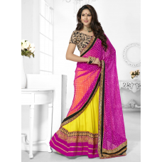 Marvelous Yellow Colored Brocade Bordered Georgette Chiffon Lehenga Saree 